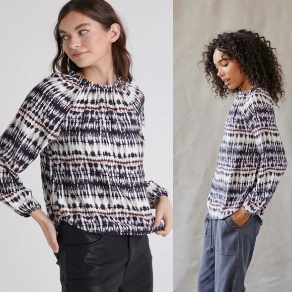 NWT Bella Dahl Lucy Raglan Sleeve Shirred Neck Top Rustic Stripe Large - Picture 2 of 11